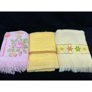 Vintage Bath Towels Set of 3 Yellow & Pink Upcycle Projects Skirts Shorts Cotton